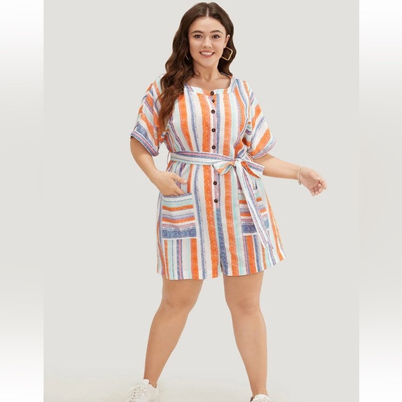 BloomChic Plus Size Striped Contrast Dolman Sleeve Button Up Pocket Belt Romper - Picture 7 of 8